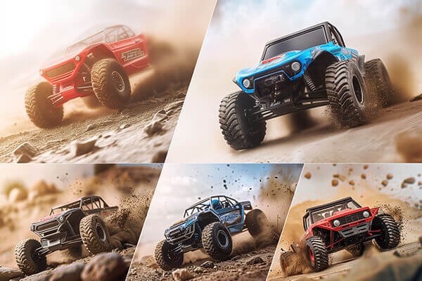 A comparison table infographic that visually breaks down the key attributes of 1/10, 1/8, 1/6, and 1/5 scale RC cars.