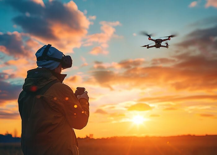 A drone flying against a scenic backdrop with a battery icon overlay, symbolizing the average flight time of consumer drones.