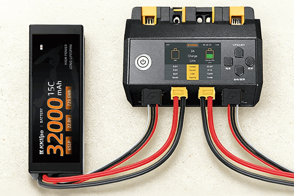 A drone battery connected to a charger with a timer in the background showing 75 minutes