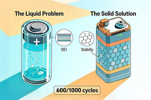 Cycle Life Comparison Chart A comparison chart showing the cycle life curve of a standard LiPo dropping off at 400 cycles versus a solid state battery maintaining capacity past 800 cycles.