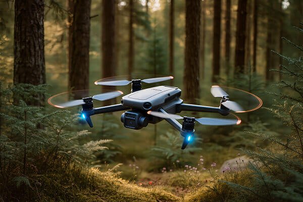 A futuristic drone flying over a city, symbolizing the next generation of certified aviation safety.