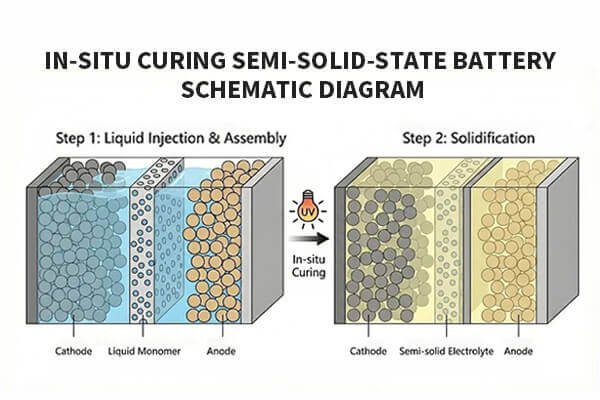 Semi-Solid Battery Structure A diagram showing the internal structure of a Semi-Solid battery as a mix between liquid and solid technologies.