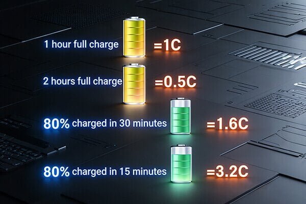 An infographic showing a battery draining at 1C, 2C, and 0.5C rates
