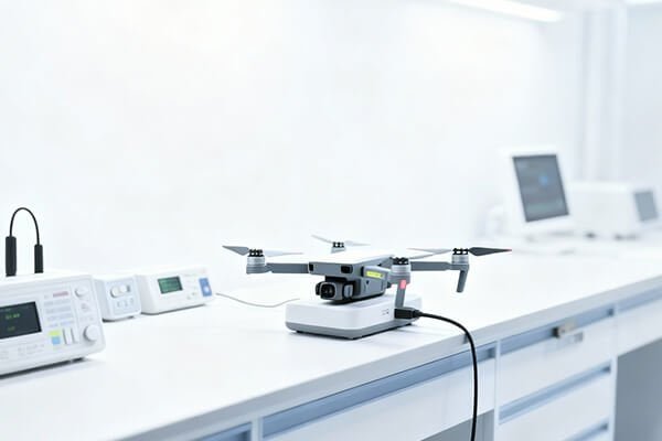 Drone Battery Fully Charged Indicator Lights A close-up of a drone battery with all four LED lights solidly lit, indicating a full charge