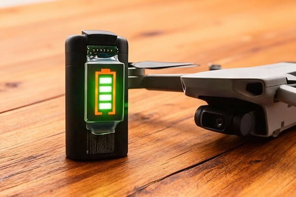 Drone App Showing 100% Battery Charge A smartphone screen showing a drone manufacturer's app with the battery status at 100%