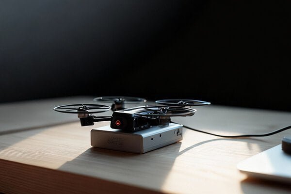 A smartphone screen showing a drone app with the battery at 100%