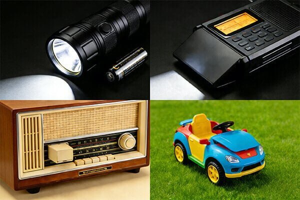 A large flashlight next to a medium-sized toy to show different power needs
