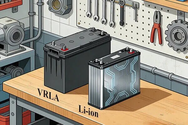 VRLA vs. Lithium-ion UPS Batteries A VRLA battery next to a more compact Lithium-ion UPS battery