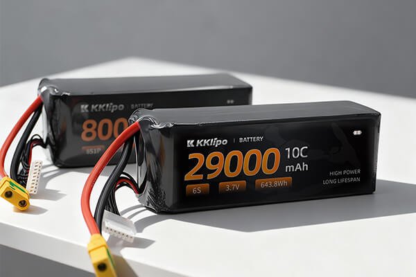Range of Drone Battery Sizes and Weights A collection of different sized drone batteries, from small to very large, arranged on a workshop bench