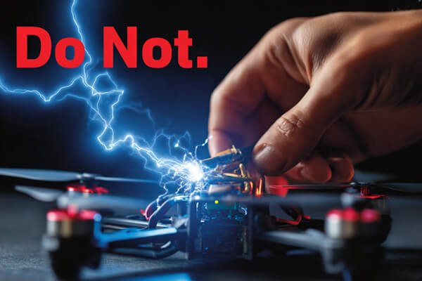 Critical Drone Battery Safety Mistakes to Avoid A graphic with "Do Not" icons over a screwdriver prying a battery and a swollen battery