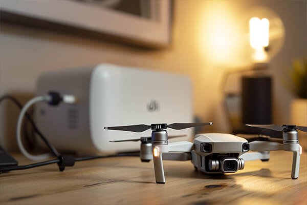 Waiting for a Drone Battery to Wake Up A close-up of a charger connected to a battery with a clock in the background