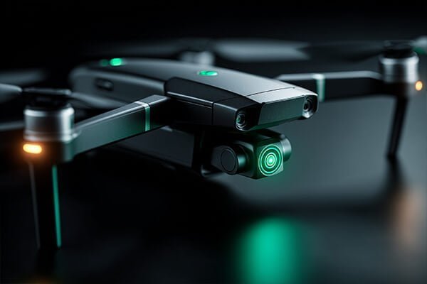 A close-up of a drone battery with all four LED indicator lights lit up solid