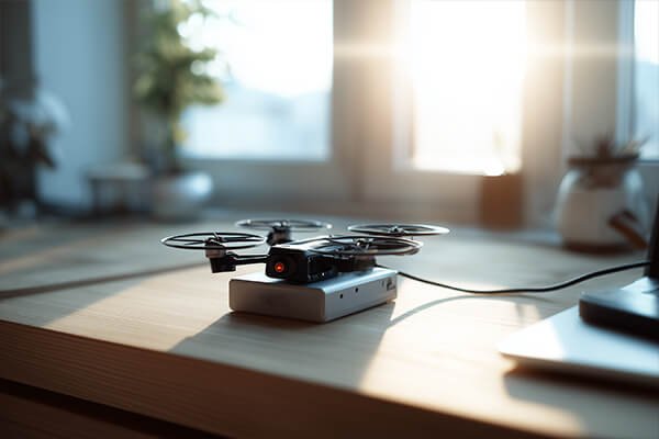 Charging Hub Status Lights A drone charging hub showing one battery with solid lights and others with blinking lights