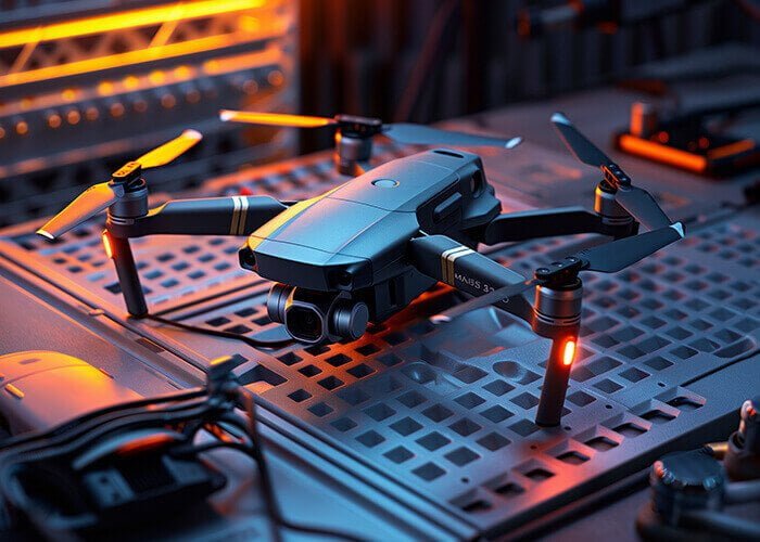 Drone charging hub with one LED turned solid green, indicating the drone battery is fully charged.