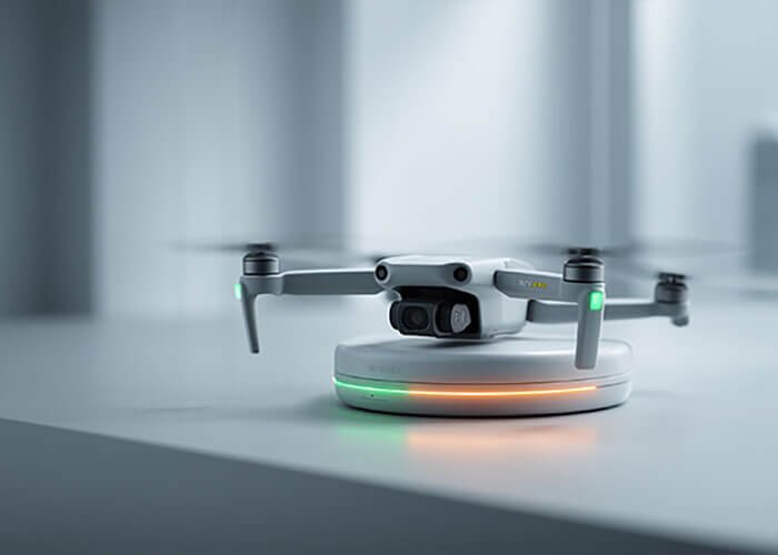 A close-up of a drone battery with all four LED lights solidly lit, indicating the battery is fully charged and ready for use.