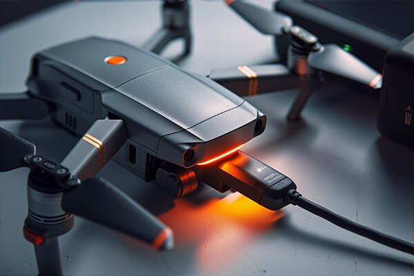 Drone Charging Safety and Calculations A safety icon next to a calculator showing the charging formula