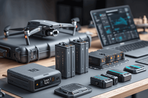 A professional drone operator using a multi-battery charging hub in the back of a vehicle