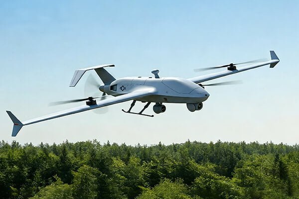 Long-Endurance Fixed-Wing Drone Technology A large fixed-wing VTOL drone taking off vertically before transitioning to forward flight