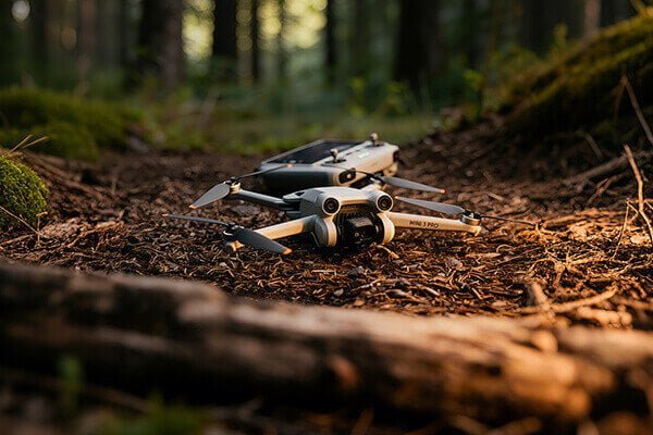 A pilot's hands swapping out a drone battery in the field, with fresh batteries ready in a case