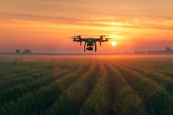 A drone flying against a scenic backdrop with a battery icon overlay