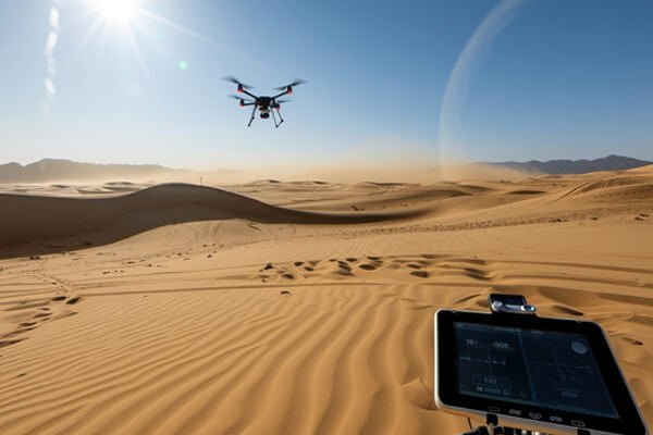 A drone struggling to fly in a windy, cold-looking environment