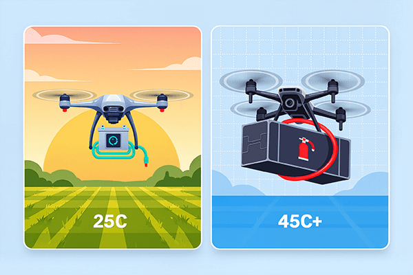 A surveillance drone flying a steady pattern vs. a heavy-lift drone taking off vertically with a large payload