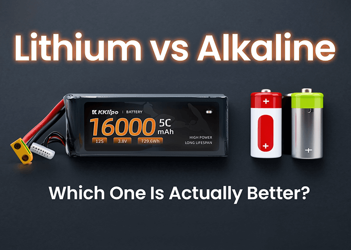 A side-by-side comparison image showing a lithium AA battery next to an alkaline AA battery, highlighting the differences in design and performance.