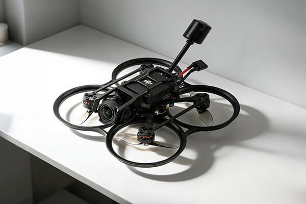 A ducted cinewhoop drone flying indoors