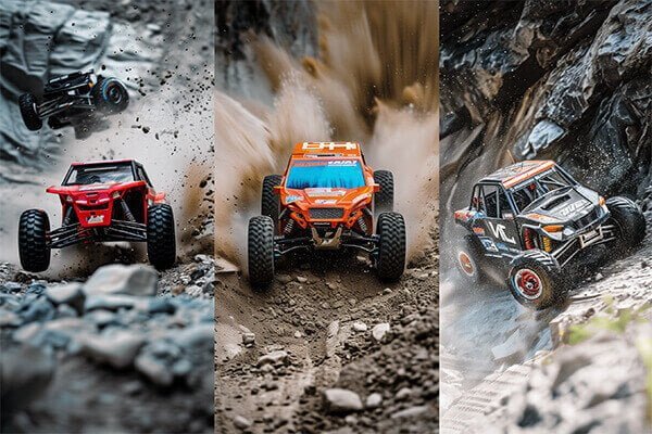 A lineup of four RC cars of different scales (1/10, 1/8, 1/6, 1/5) shown side-by-side to clearly illustrate the size differences.