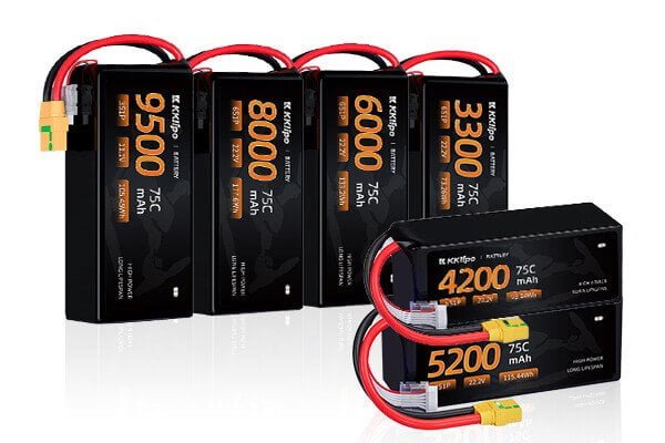 A split-screen image showing a large 1/5 scale RC car next to a small 1/10 car, and a heavy-lift drone next to a small FPV drone, with lines connecting the similarly sized batteries.