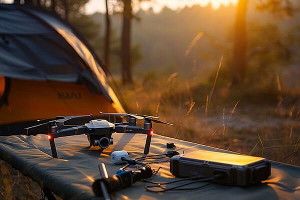 Essential Equipment for Power Bank Charging An overhead shot of the three essential items: a power bank, a drone charger, and connecting cables