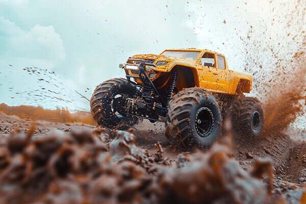 An action shot of a 1/8 scale buggy racing on a dirt track, highlighting its suspension travel and stability.
