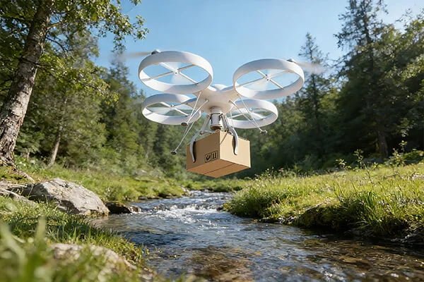 Commercial Applications of UAVs A collage of UAVs in different commercial settings: a farm, a power line, a construction site