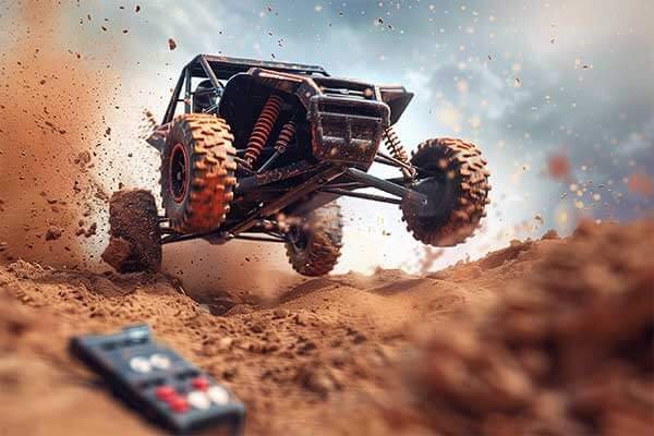 A 1/8 scale RC buggy placed next to a standard-sized shoe for a clear size comparison.