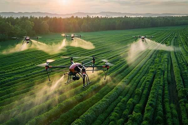A split-screen image showing a 1/8 scale RC car on one side and an industrial drone on the other, with lines connecting the battery in each to highlight the parallel.