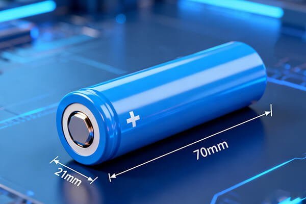 An annotated image of a 21700 battery with arrows pointing to its diameter (21mm) and length (70mm).