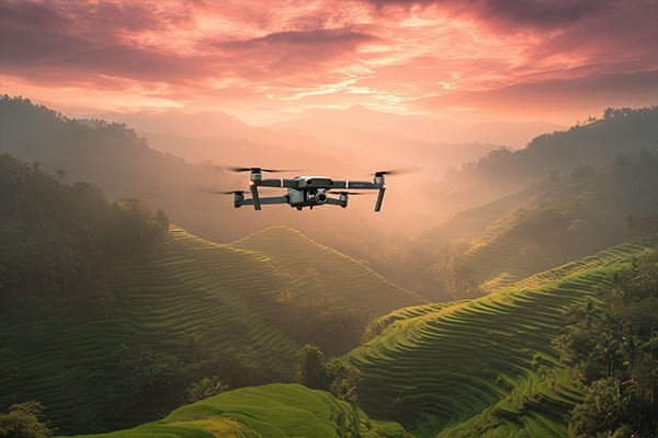 An infographic showing four icons: a drone doing an aggressive maneuver, a wind symbol, a thermometer showing cold temperature, and a mountain for high altitude
