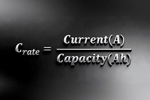 A simple diagram showing the formula C Rating x Capacity (Ah) = Max Amps
