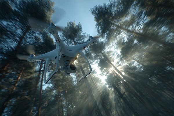 A collage of drones in action: an FPV drone weaving through gates, an industrial drone inspecting a wind turbine, and a delivery drone carrying a package.