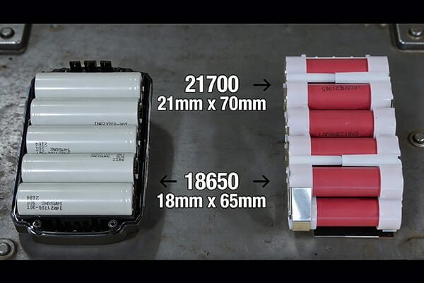 Internal Volume and Power Density of 21700 vs. 18650 Cells An infographic showing the internal volume difference between a 18650 and 21700 cell, and how that translates to more power material.