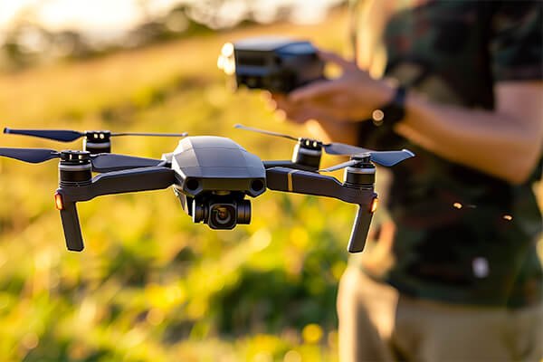 Custom-Shaped Li-Po Battery in a Drone An industrial drone with a sleek, custom-shaped Li-Po battery integrated into its fuselage