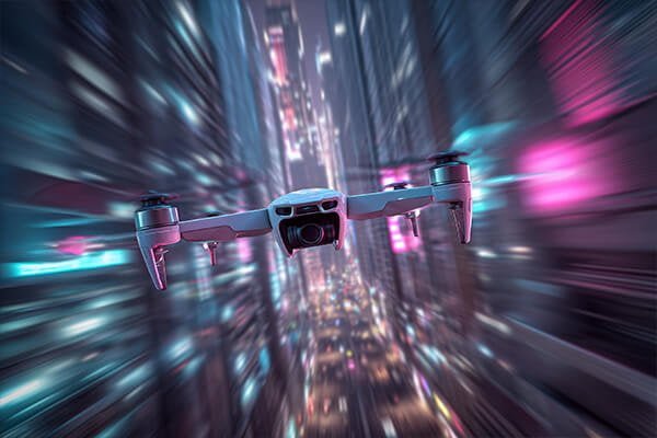 A FPV racing drone making a sharp, fast turn