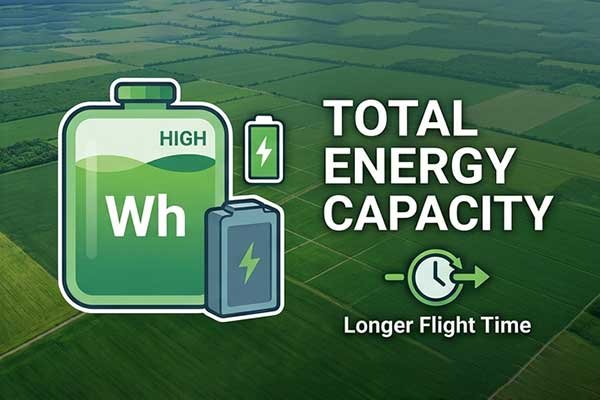 A drone flying over a large field, with an icon showing a large fuel tank representing its high Watt-hour battery