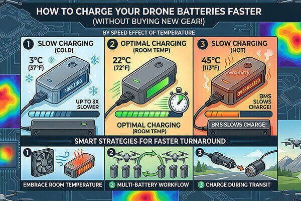 An infographic showing a battery charging quickly at room temperature and slowly in hot/cold conditions