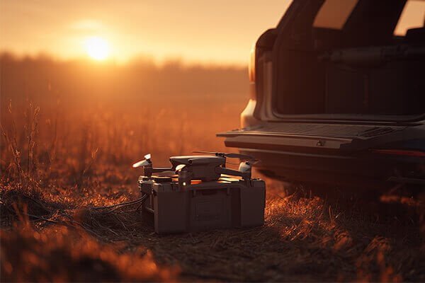 A close-up of a solid-state battery pack looking stable and cool next to a swollen, damaged traditional LiPo battery under a heat lamp.