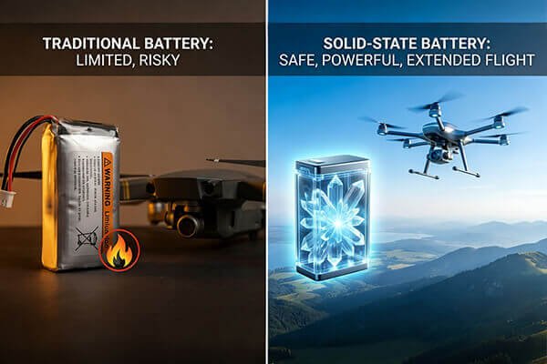 A solid-state battery being punctured by a nail without catching fire, next to a Li-Ion battery bursting into flames in the same test.