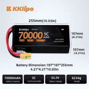 KKLIPO 14S 53.2V 70,000mAh high voltage LiHv battery, featuring breakthrough 480Wh/kg energy density for heavy-lift industrial drones.