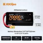 Dimensions of KKLIPO 18S 68.4V 70,000mAh LiHv battery: 255x107x137mm, weight 10518g, with 480Wh/kg ultra-high energy density.