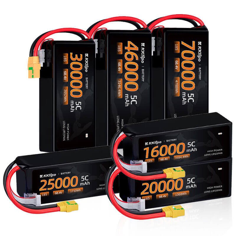 Full 18S battery series by KKLIPO, featuring 16000, 20000, 25000, 30000, 46000, and 70000 mAh capacities with 480Wh/kg technology.