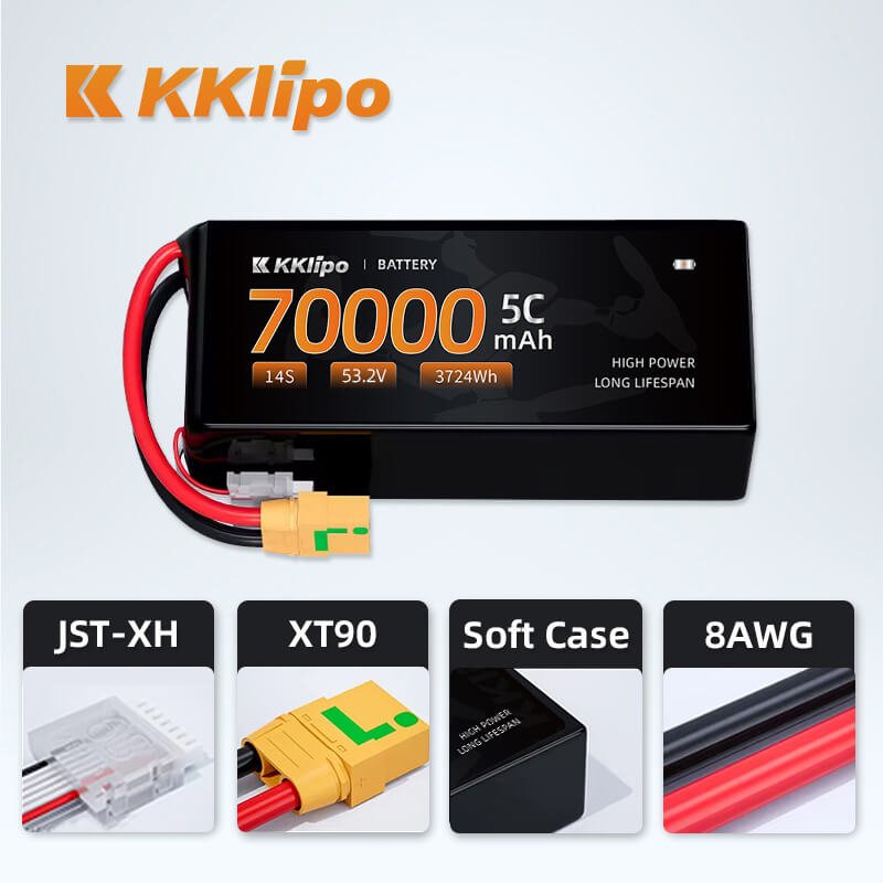 High capacity 14S 70,000mAh LiHv battery by KKLIPO powering a heavy-lift cargo drone for extended mission endurance.